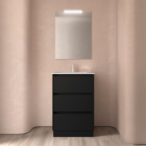 Ensemble complet Noja 600 3 tiroirs BLACK SATIN + meuble-lavabo + miroir + lampe (1/4)