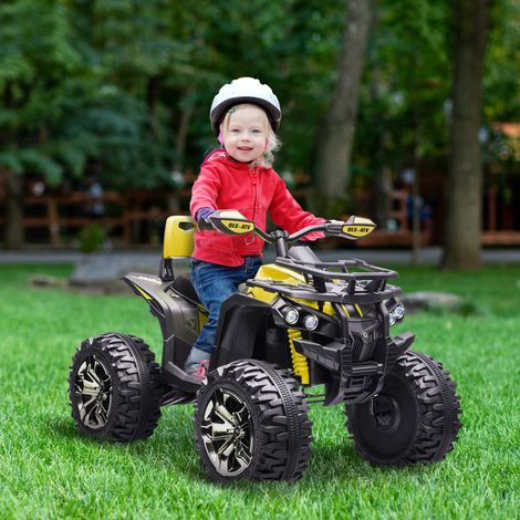 Quad Buggy électrique enfant 12V, 8 km/h, lumières, sons, selle dossier, porte-bagage, jaune/noir, métal/PP (1/4)