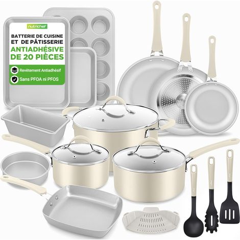 Ensemble Ustensiles de Cuisine Antiadhésifs 20 Pièces – Casseroles, Poêles et Moules en Aluminium avec Couvercles en Verre Renforcé – Compatible Induction, Gaz, Électrique et Vitrocéramique (1/5)