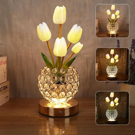 Cadeaux d'anniversaire pour femme - Lampe de table à batterie - 3 couleurs - Fleur de cristal - Intensité variable à l'infini - Avec charge USB - Petite veilleuse - Lampe de chevet tactile pour (1/5)