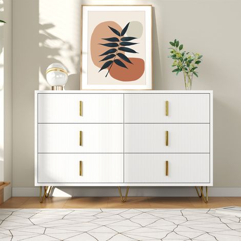 Buffet bas de rangement, Commode chic pour salon et chambre, Design moderne ondulé à 6 tiroirs en bois et métal 120x40x77cm, Blanc et Or
