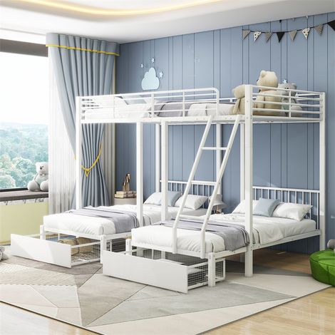 Fortuna Lai – Lit superposé triple 140x200cm et 2 lits 90x200cm – Cadre métallique blanc avec échelle et 2 tiroirs – Sommier inclus (1/5)