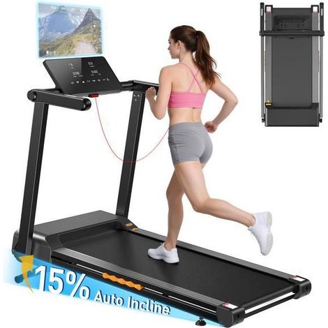 Klappbares Laufband, Motor 4,0 PS, automatische Neigung 15%, Geschwindigkeit 1-15 km/h, Belastung 150 kg, mit Herzfrequenzmessung, Gehband, Schwarz (1/5)