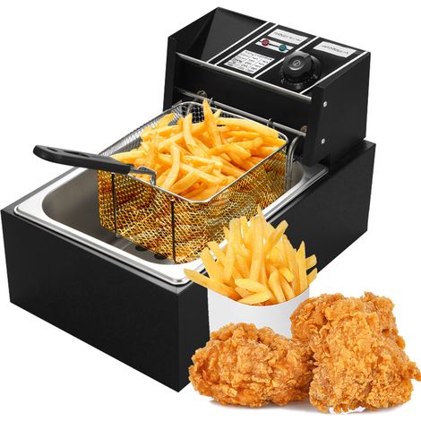 Friteuse électrique 6 L avec panier de filtration d'huile amovible, 1,7 kW, acier inoxydable, thermostat automatique, compatible lave-vaisselle, usage domestique et professionnel.