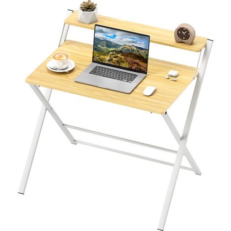 Compact Folding Desk for Small Spaces, Foldable Computer Desk Storage Shelf for Home Office, 2-Tier Study Writing Table, 86 x 66 x 82 cm, Maple Wood-effect (1/5)