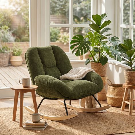 Meubles Cosy Lithops Fauteuil à bascule rocking chair scandinave en tissu chenille vert avec pieds en bois de hêtre (1/5)