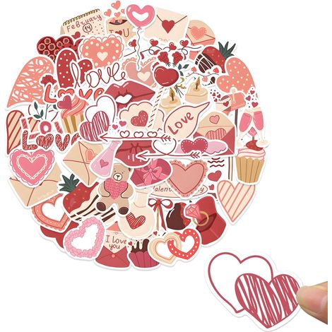 Set di 58 adesivi per San Valentino, adesivi a forma di cuore rosso con scritta "Amore di San Valentino", adesivi in vinile impermeabili ed estetici per bottiglie d'acqua, telefoni e lavori di scrapbo (1/5)