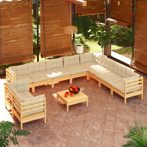 Salon de jardin 11 pcs,Mobilier de terrasse,Table et Chaise pour Relax avec coussins crème Bois de pin solide -YZ659232 (1/5)