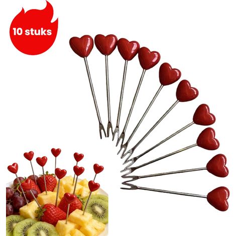 Ensemble de 10 fourchettes à fruits en acier inoxydable pour la maison Brochettes à fruits mignonnes en forme de cœur Petite fourchette Petite brochette Rouge (1/5)