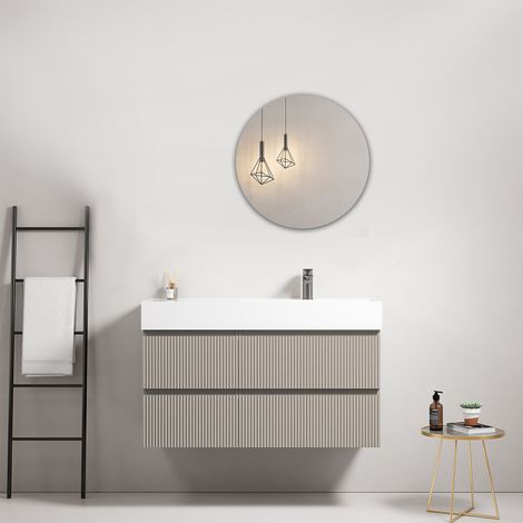 Mobile bagno sospeso cannettato 100 cm Grigio Cenere Lavabo a Destra in Resina Specchio Tondo - Fiji Paint (1/4)