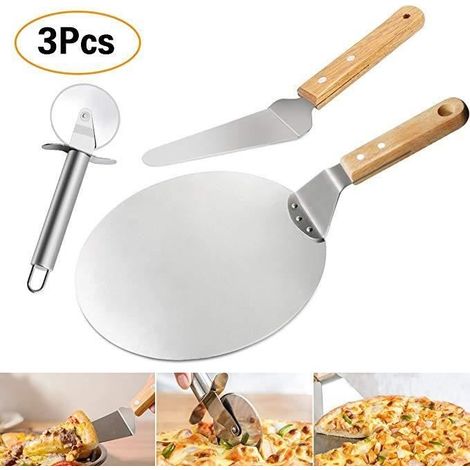 Ensemble d'ustensiles pour pizza - ZGEER - Épluche ronde - Acier inoxydable 430 - Manche en bois - 3 pièces (1/4)