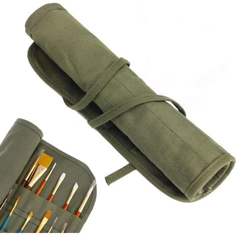 Penseelhouder - Canvas Opbergtas Met 22 Vakken - Voor Schilderspenselen En Kwasten - Rolbaar En Opvouwbaar - Camouflage Groen (1/5)