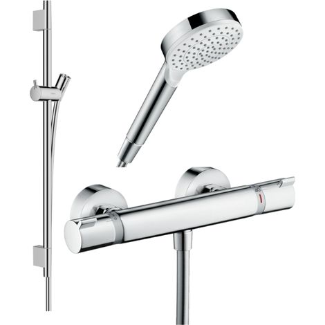 HANSGROHE Pack mezclador termostático de ducha Ecostat Comfort + barra Unica S Puro + flexible + rociador Crometta blanco/cromado