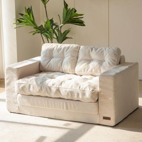 Bodensofa Schlafsofa 140cm Cord 2-Sitzer Klappbar mit Schlaffunktion Cremefarben (1/5)