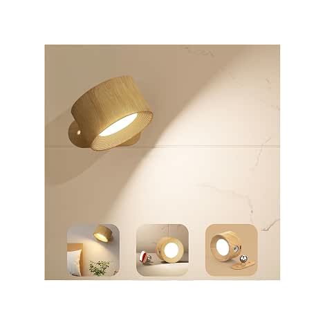 Lampe murale intérieure, applique LED tactile avec port de charge USB, commande tactile, 3 niveaux de luminosité, 3 températures commutables 360° lampe pour chambre, lot de 1 (finition bois) (1/5)