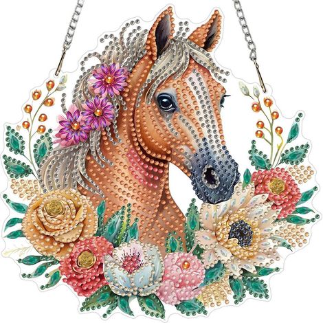 Diamant Painting Anhänger Pferd mit Kette, Fensterbild Bastelset 20x20cm