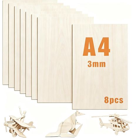 8 Pcs A4 Contreplaqué 3mm, Panneau de Contreplaqué 30 x 20 cm, Plaque en Bois pour le Bricolage, Panneau Feuille Découpe Laser, Planche Bois pour Gravure, Modélisme, Peintures (1/5)