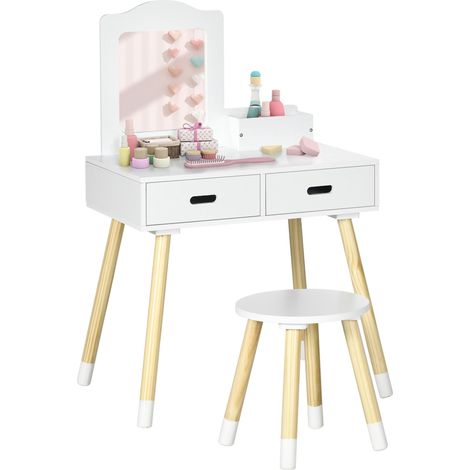 Ensemble coiffeuse pour enfants avec table de toilette, tabouret, miroir et 2 tiroirs, coloris blanc et bois. (1/5)
