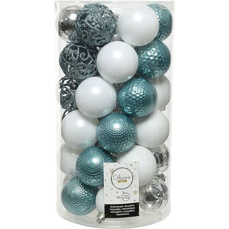 Decoris Set aus 10 gemischten bruchsicheren Weihnachtskugeln, 6 cm - Eisblau