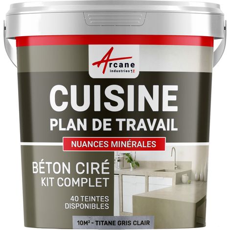 Béton ciré cuisine, plan de travail, crédence, évier sol et mur revêtement mural décoratif kit complet - 10 m² (en 2 couches) Titane Gris Clair - ARCANE INDUSTRIES