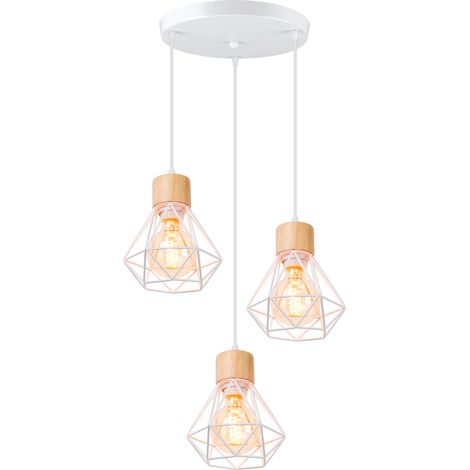 E27 Lampes Suspension Industrielle Vintage Lustre Suspension Métal Bois Plafonnier Intérieur Ø16CM - Blanc