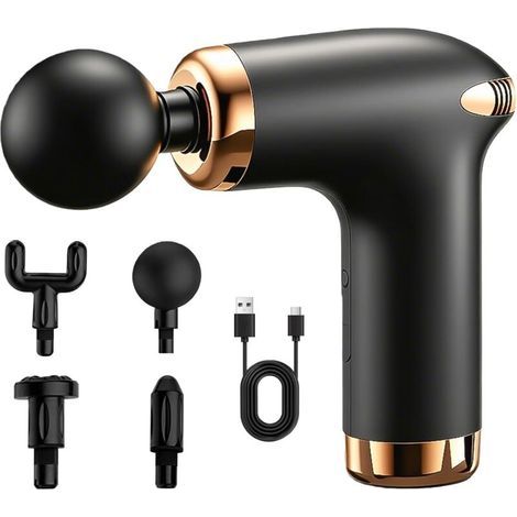 Pistolet de massage, masseur à percussion musculaire, pistolet des massage électrique silencieux, 6 vitesses + 4 têtes demassage, pour la relaxation des épaules, du corps et du dos (Noir) (1/5)