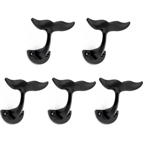 (Lot de 5 crochets muraux en forme de queue de dauphin, noir mat) Porte-manteau mural à vis en forme de queue de baleine, porte-serviettes pour salle de bain ou cuisine (1/5)