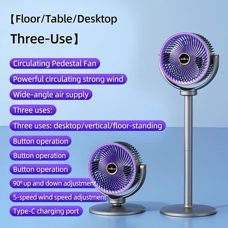 Ventilateur portable 3 en 1 sur pied, table et sol, 5 vitesses, batterie 2400mAh, circulation d’air,Gris (1/5)
