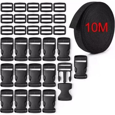 10m Sangle Nylon 25 mm avec 15Pcs Boucles en Plastiques, Boucle Plastique Noir Clip Fermoir pour Sangle, Accessoires de Sac à Dos, Tente, Sac à Dos Enfant, Collier de Chien, 15Pcs Curseur