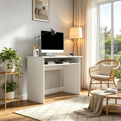 Bureau informatique avec étagère de rangement, meuble compact 90x50 cm blanc laqué pour petits espaces (1/5)