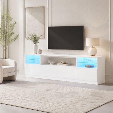Mueble TV con LED, 180 x 35 x 60 cm, 4 puertas abatibles, 8 compartimentos, blanco brillo DESVIAE (1/5)