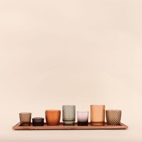 Coffret 7 photophores en verre sur tablette en bois (1/5)