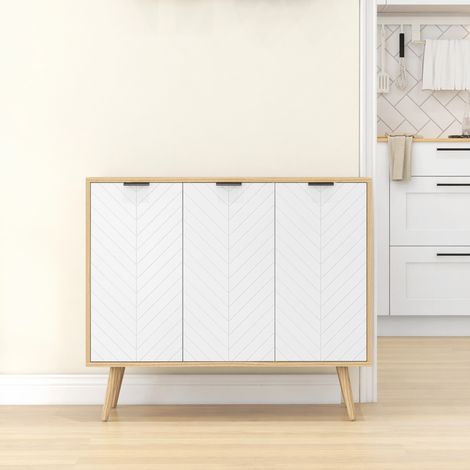 Buffet bas meuble de rangement 2 placards 3 portes motif chevrons étagères réglables 91,5 x 35 x 77,4 cm bois naturel (1/5)