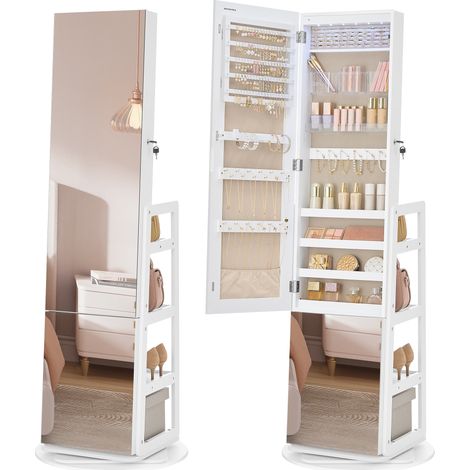 Armoire à Bijoux, Rangement à Bijoux, Miroir Intégral, 4 Étagères de Rangement, Éclairage Intégré, Rotation à 360°, pour Chambre, Dressing ou Entrée, Blanc Nuage