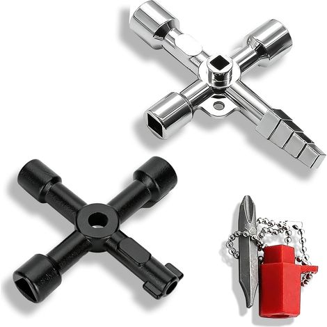 Lot de 2 Clés Universelles Multifonctions 4 Voies pour Armoire Électrique, Compteur d'Eau et de Gaz, Clé Carrée et Triangulaire Robuste en Métal pour Poteaux de Barrage et Poubelles (1/5)