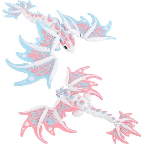 2pcs Dragons Ailés Imprimés en 3D, 16,5cm Jouet Articulé Flexible Animal Imprimé en 3D pour Adultes Décoration Bureau Objet Collection Fantastique et Cadeau