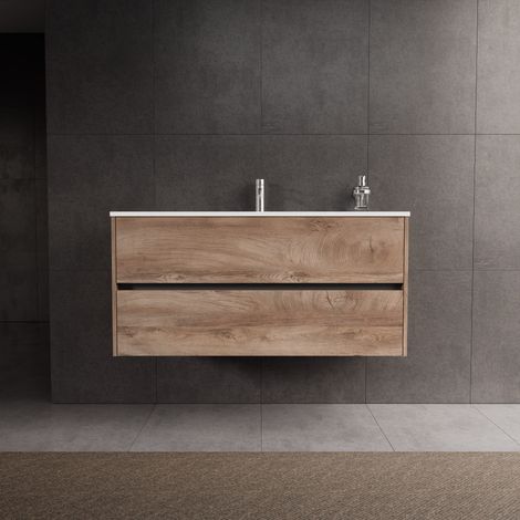 Inda - Badezimmerschrank 2 Schubladen L.120 mit glänzendem Waschbecken / Natureiche - Diamante