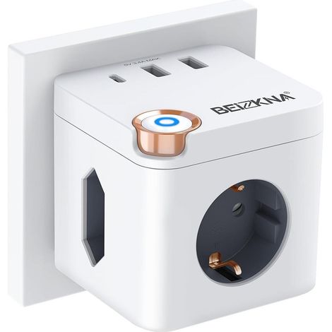 Multiprise compacte avec 3 Type-F, 2 USB-C et 1 USB-A, câble de 2 m, Interrupteur, Adaptateur Multiple Peu encombrant pour Bureau, Maison, Noir