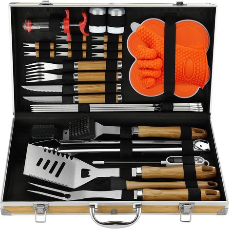 30Pcs Set Barbecue Accessoire en Acier Inoxydable de Haute Qualité - Outils Professionnel Divers Ensembles Complets Extérieur Kit Cadeau Marron (1/5)