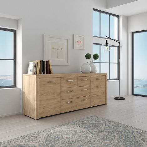 Credenza Faggiano, Madia 3 Cassetti, 2 Ripiani, Apertura Battente, 167x41x77h cm Marrone Rovere Nodi (1/3)