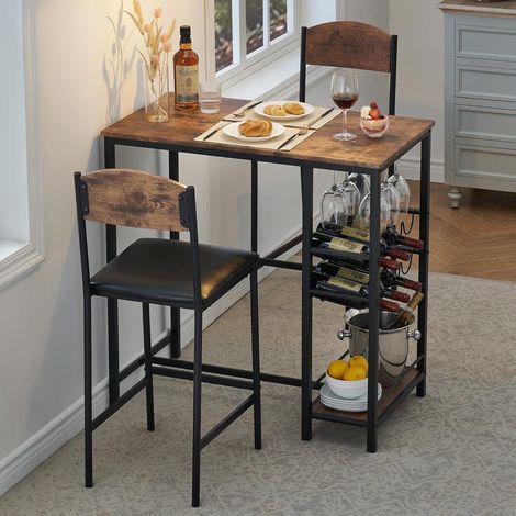 Ensemble Table de Bar,Table a Manger avec 2 Chaises Rembourrées,Table de Cuisine avec 3 Étagères,Table de Bar Métallique avec Ensemble de Tabourets de Bar,Table de Bistrot pour Cuisine(Marron) (1/5)