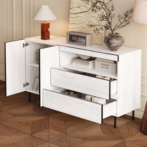 Buffet de salon 140x42x77 cm, Bahut moderne meuble de rangement pour salle à manger et cuisine, avec 2 portes 2 tiroirs et étagères ouvertes, Blanc (1/5)