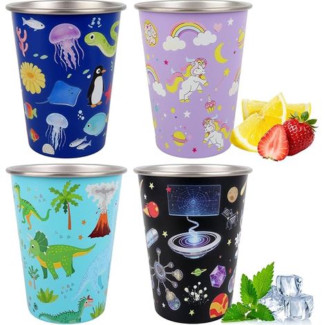 Gobelets Acier Inoxydable Enfant, 350ml Tasse Inox, Motifs Animaux Marins Dinosaure Astronaute Licorne, Gobelets Réutilisables Incassables École Maison Extérieur (1/5)