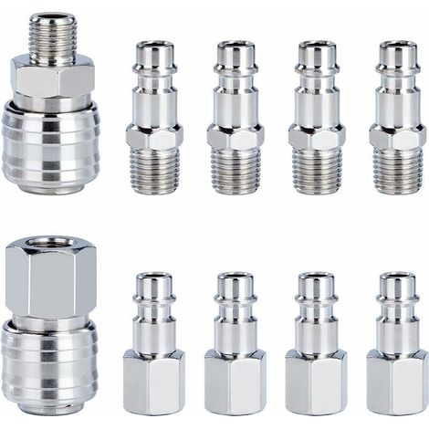 Raccord Rapide - 1/4" BSP - Pour Outils Pneumatiques et Compresseurs - Kit Connecteurs Homme Femme - 10 Pièces (1/5)