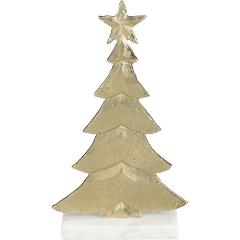 Sapin de Noël Décoratif en Aluminium Champagne et Socle en Marbre Blanc 18 x 7 x 32 cm - PANGIVO (1/3)