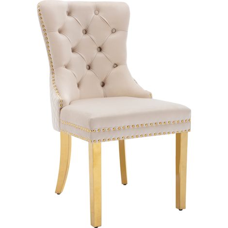 Silla de comedor tapizada de terciopelo beige con patas de acero inoxidable dorado (1/5)