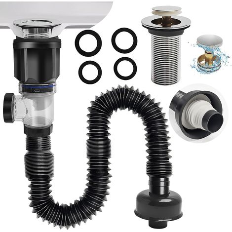 Bathroom sink drain pipe kit,  pop-up drain pipe stopper,  flexible P-trap sink drain hose,  suitable for drains including 1-1/4" and 1-1/2",  black (1/5)