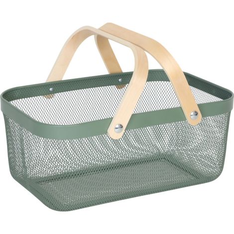 Panier rectangulaire, anses, Corbeille de Rangement, métal et Bois, panière ustensiles, Cuisine, Salle de Bain (1/5)
