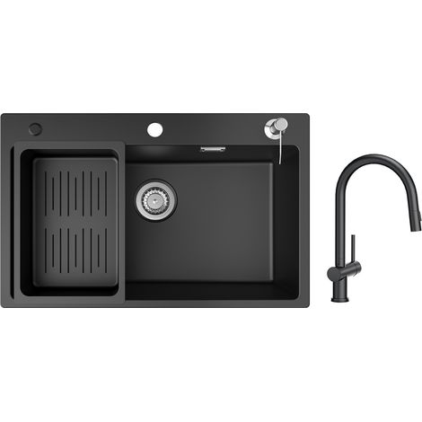 Cecipa Lavello 1 Vasca con Cestello di Scarico e Dispenser Sapone, Lavello in Quarzo e Resina 70x45 cm + Miscelatore da Cucina con Doccia Estraibile con 2 Tipi di Getti Nero (1/5)