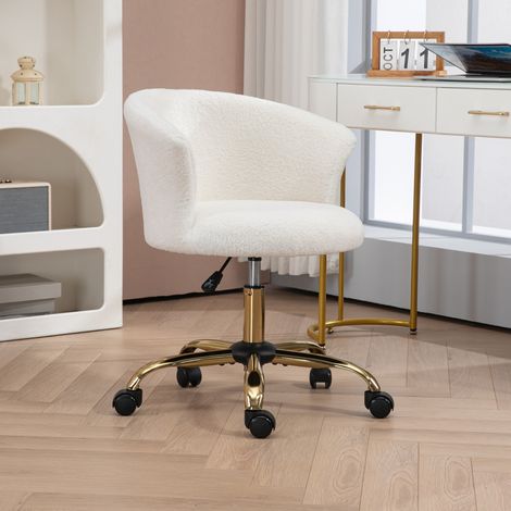 Fauteuil de Bureau Réglable en Hauteur avec Siège Pivotant et Revêtement en Velours Teddy, Blanc et Or (1/5)
